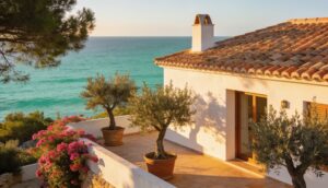 Mediterrane kustwoning in Spanje met terras in warm ochtendlicht