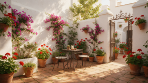 Zonnige binnenplaats van een Spaans huis met geraniums en een openstaande smeedijzeren poort