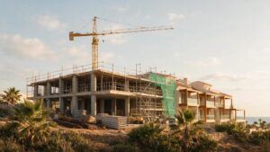 Nieuwbouwproject in aanbouw aan de Spaanse kust met steigers en een bouwkraan